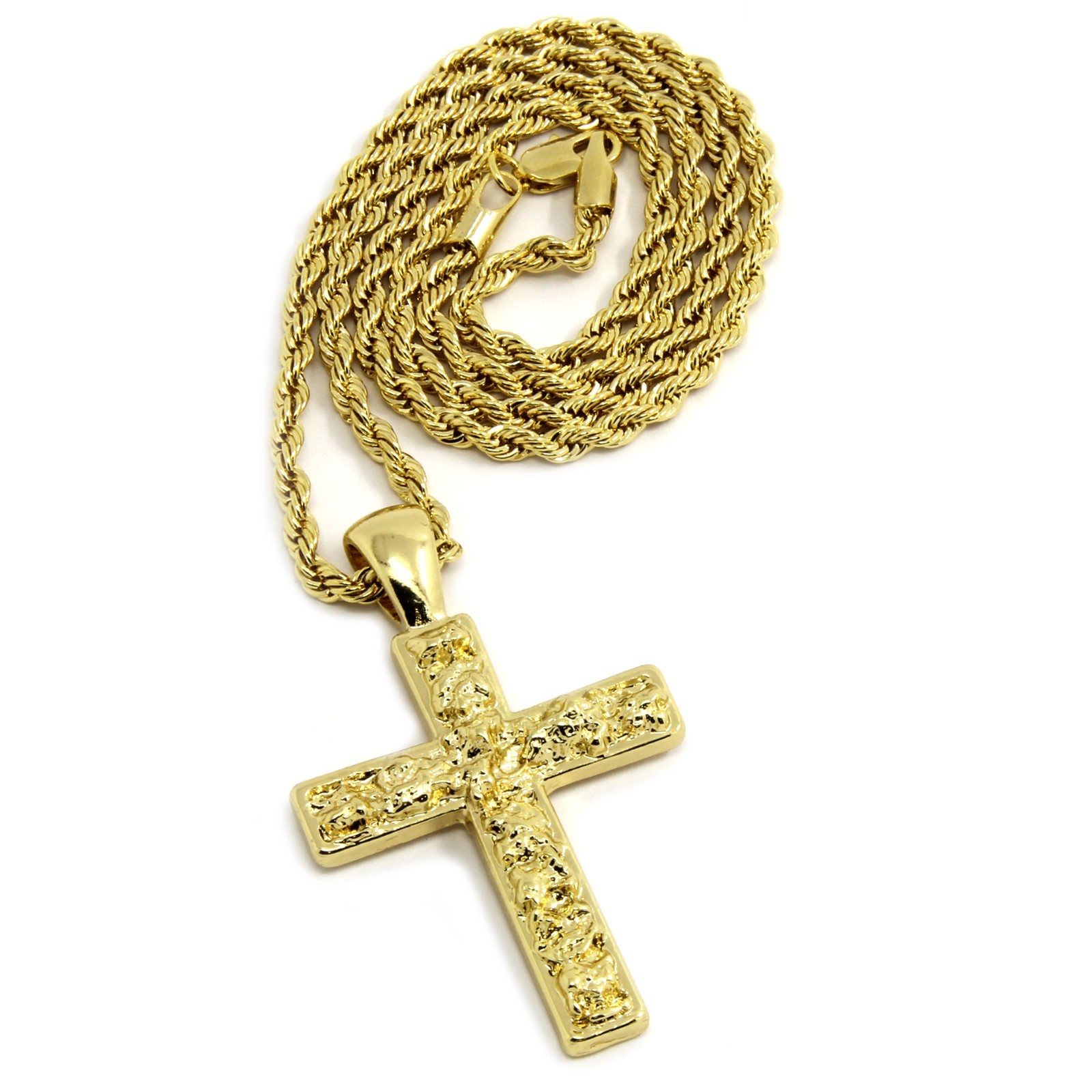 Mens 14K Gold Plated Nugget Cross Pendant Hip-Hop 3mm/24″ Rope Chain
