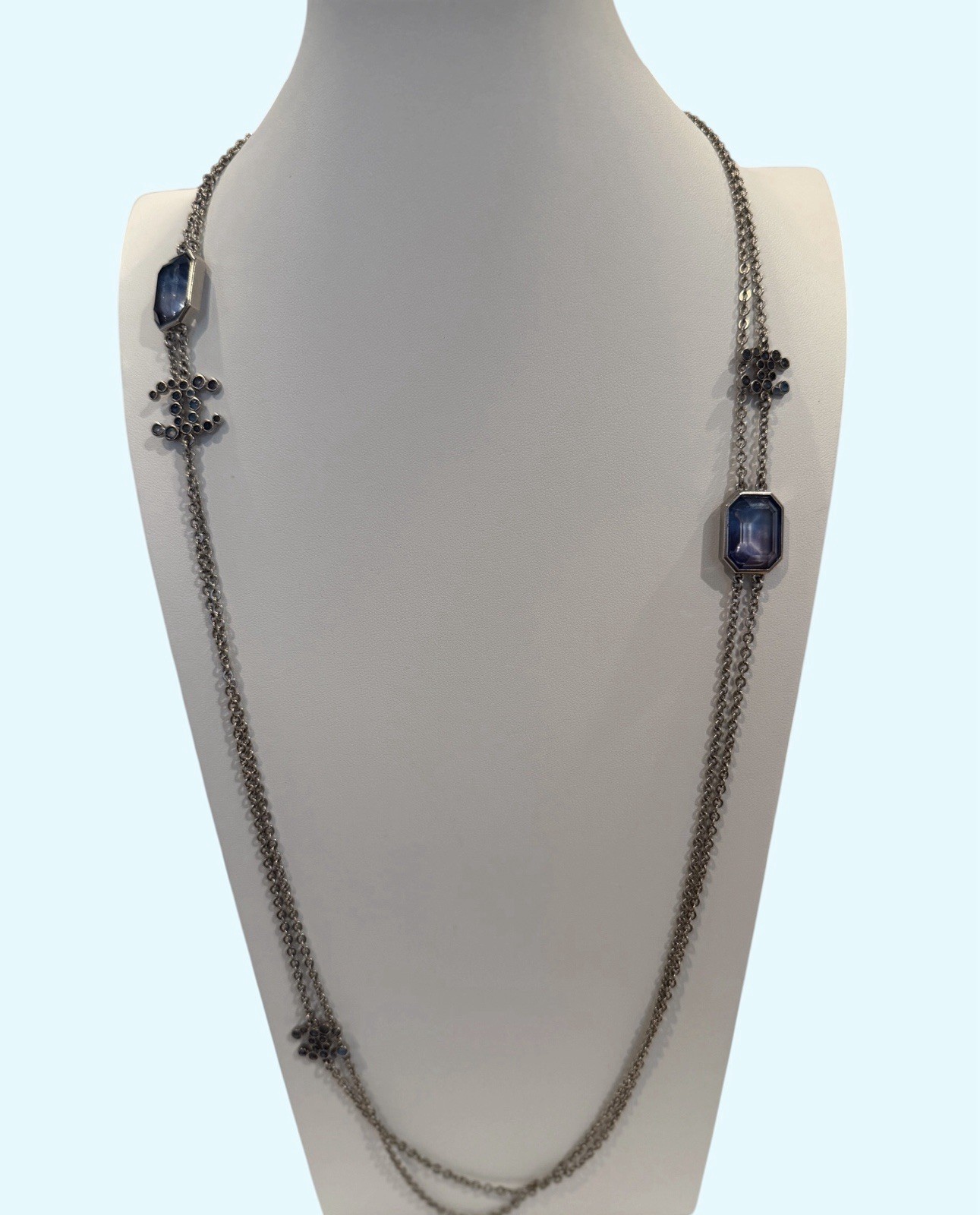Chanel Multi-Strand Satoir Necklace With Blue Iridescent Crystal Chicklet Stones