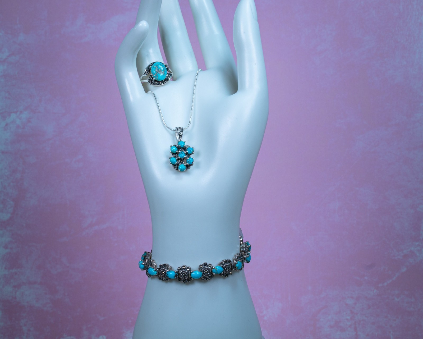 3Pc Jewelry Set for Women Ring Bracelet Necklace CZ Rhodium Persian Turquoise