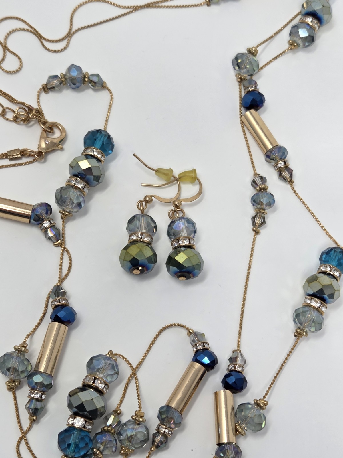 Gold Tone Iridescent Gray & Teal Crystal Long Station Necklace & Earrings Set