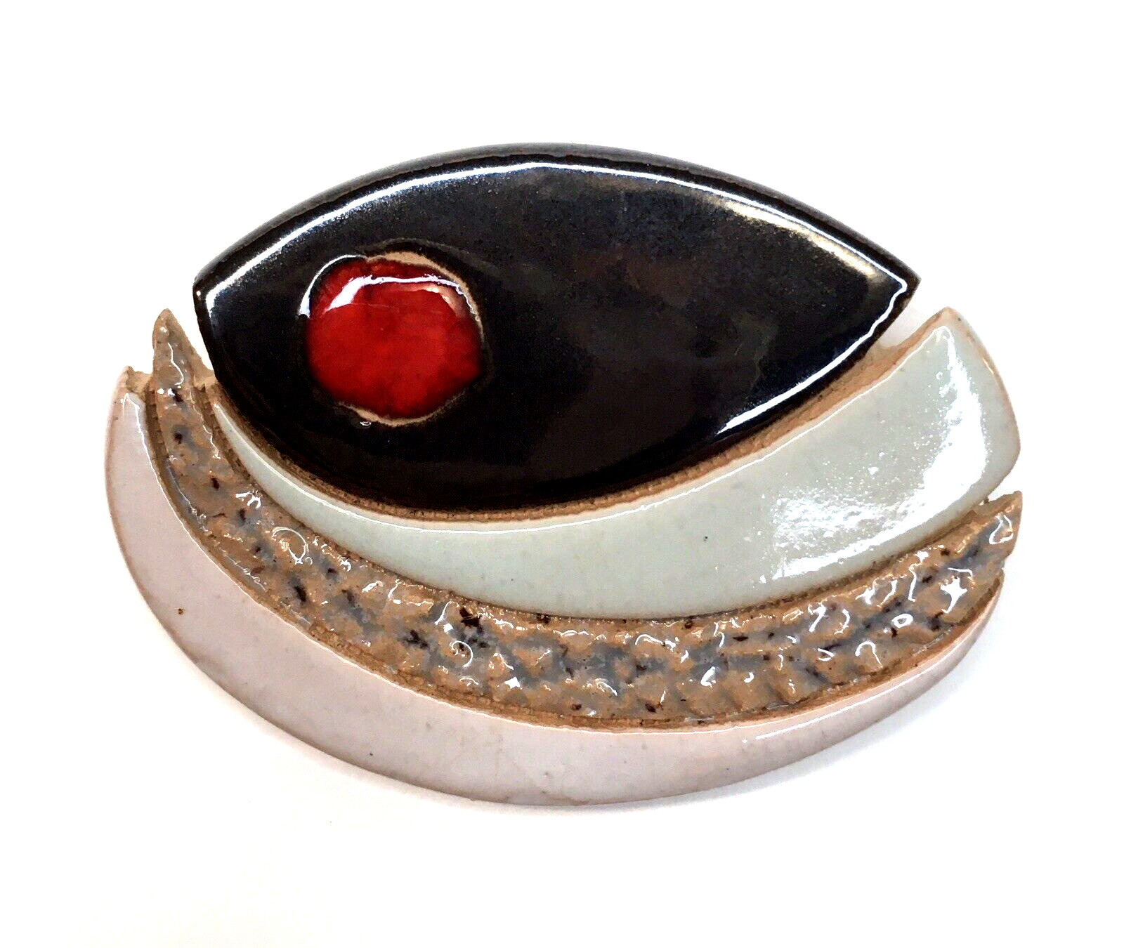 Contemporary Brooch Pin MCM Ceramic & Enamel Artist Signed Erna G Abstract Oval
