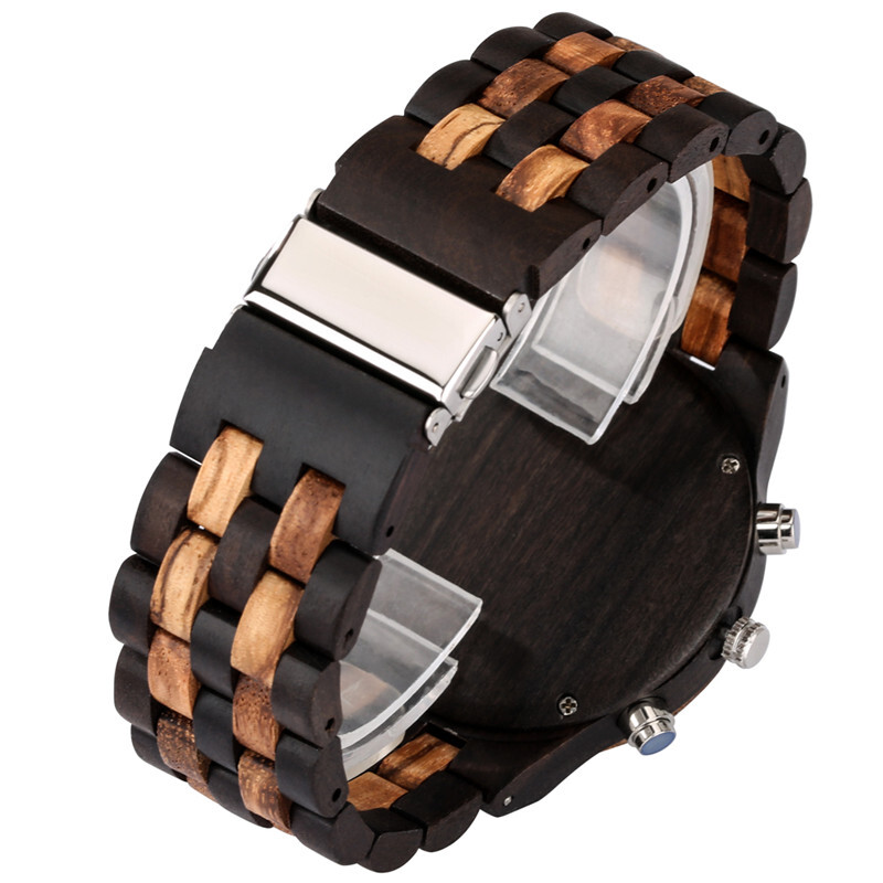 Men’s Wood Watch Chronograph Auto Date Display Mixed Adjustable Full Wooden Band
