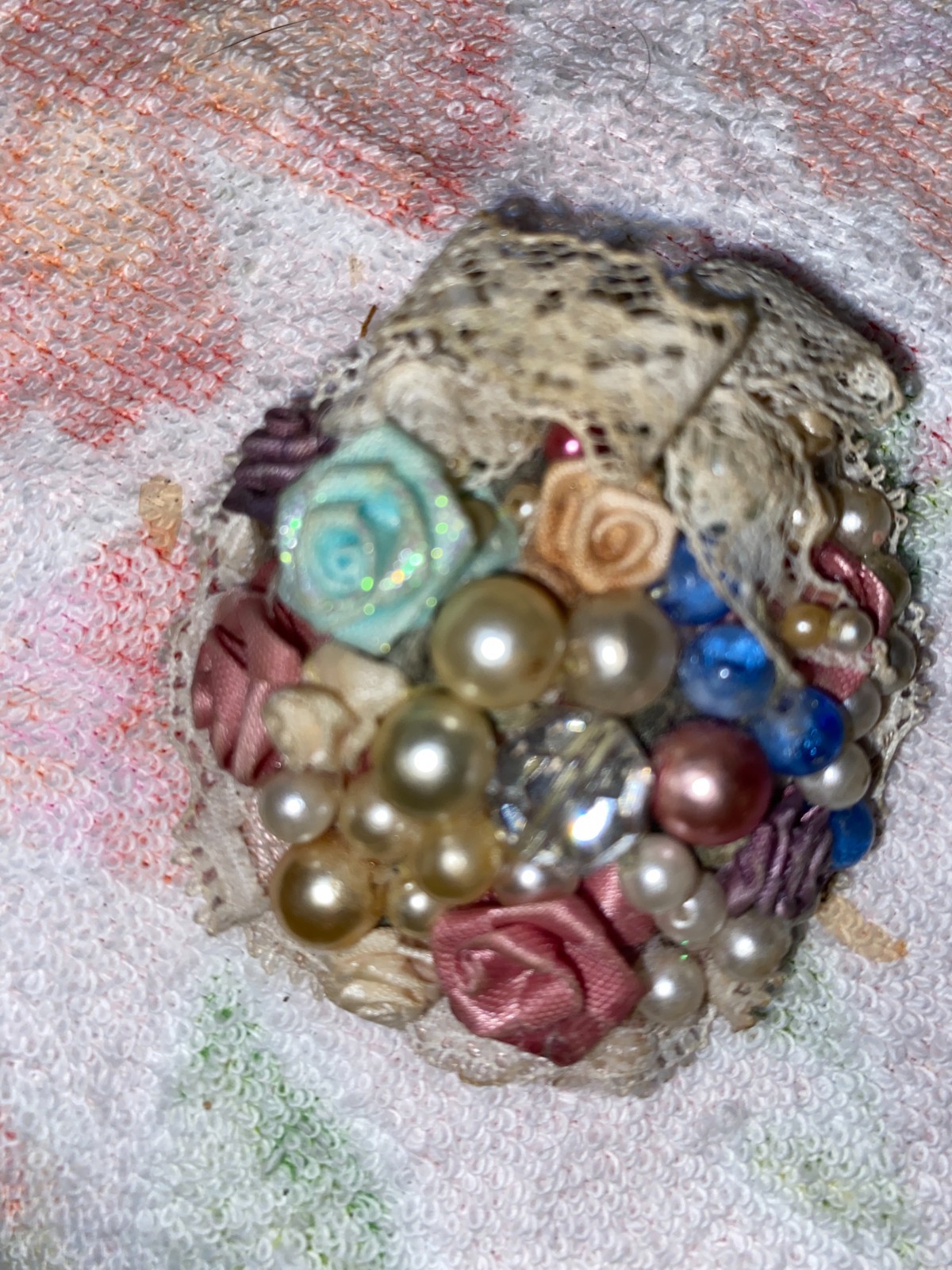 Handmade Vintage bead fabric rose Cluster Lace pearl Brooch OLD