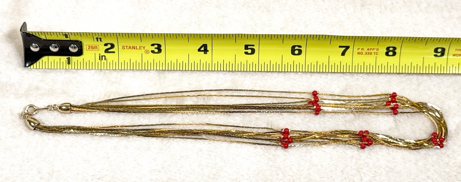 Bold 7 Strand Gold Tone Necklace w Tiny Red Beads. Liquid Gold Style Retro