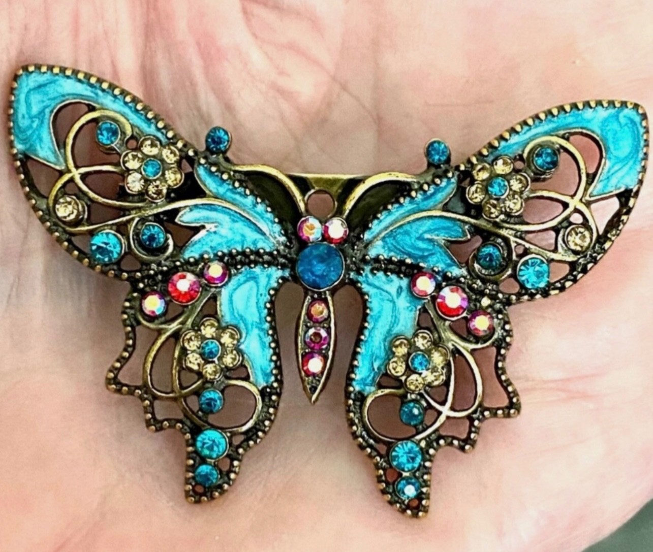 Aqua Blue Butterfly Rhinestone Brooch Box included