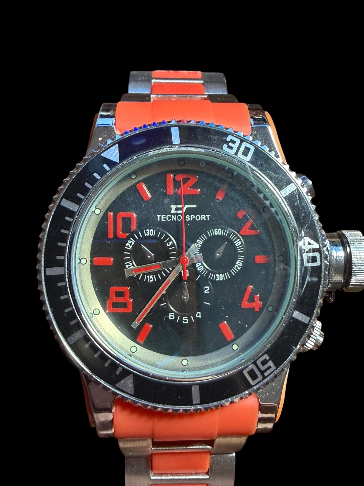 Tecno Sport Diver Style Chronograph Watch Men’s Black Dial Orange & Silver Band