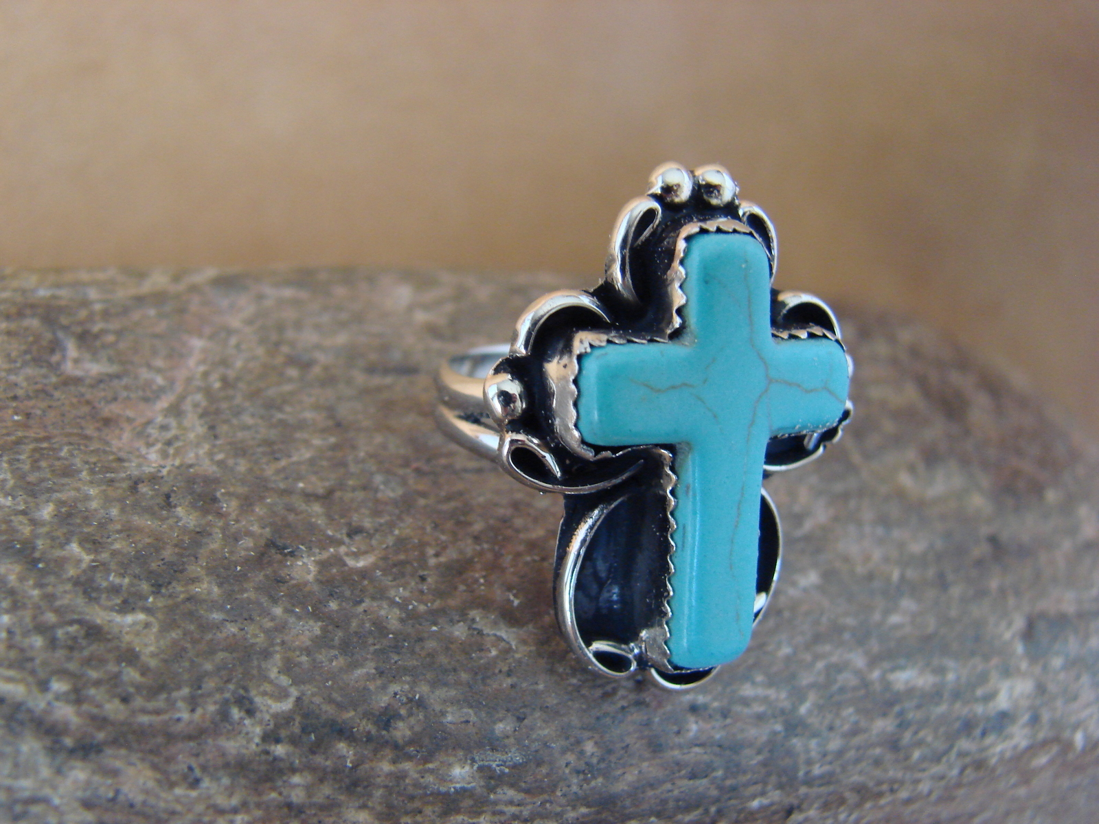 Native American Nickle Silver Turquoise Cross Ring Size 7 1/2 by Phoebe Tolta