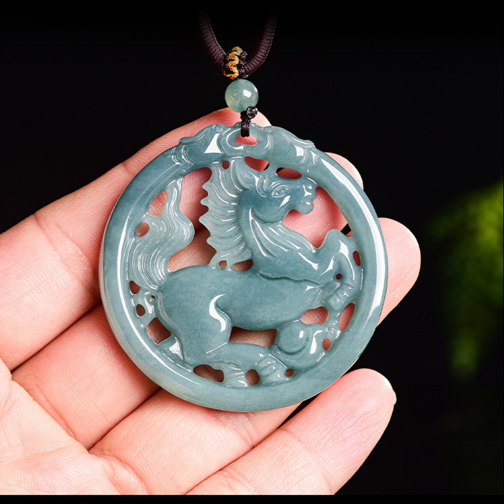 Certified Grade A Blue Water Burma Jade jadeite Zodiac Horse Pendant Necklace