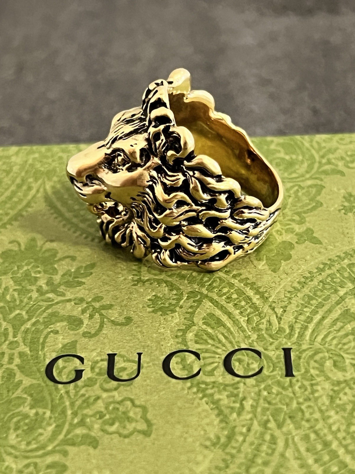 Gucci Lion Head Ring Gold Metal Rare Size IT25 US11 65mm Cat Feline Tiger Garden