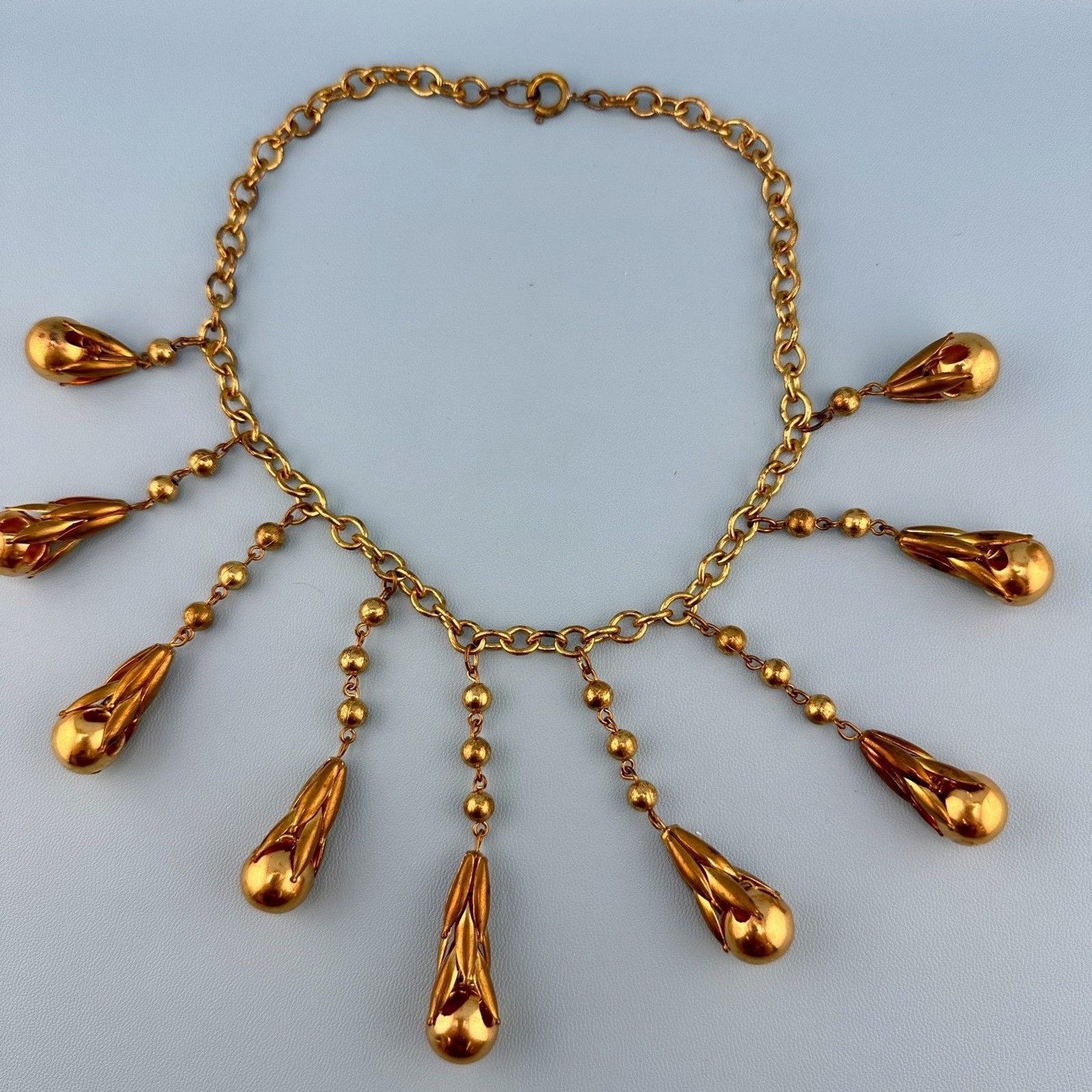 Vintage Art Deco Necklace Fringe Chain Gold Tone Etruscan Revival Statement