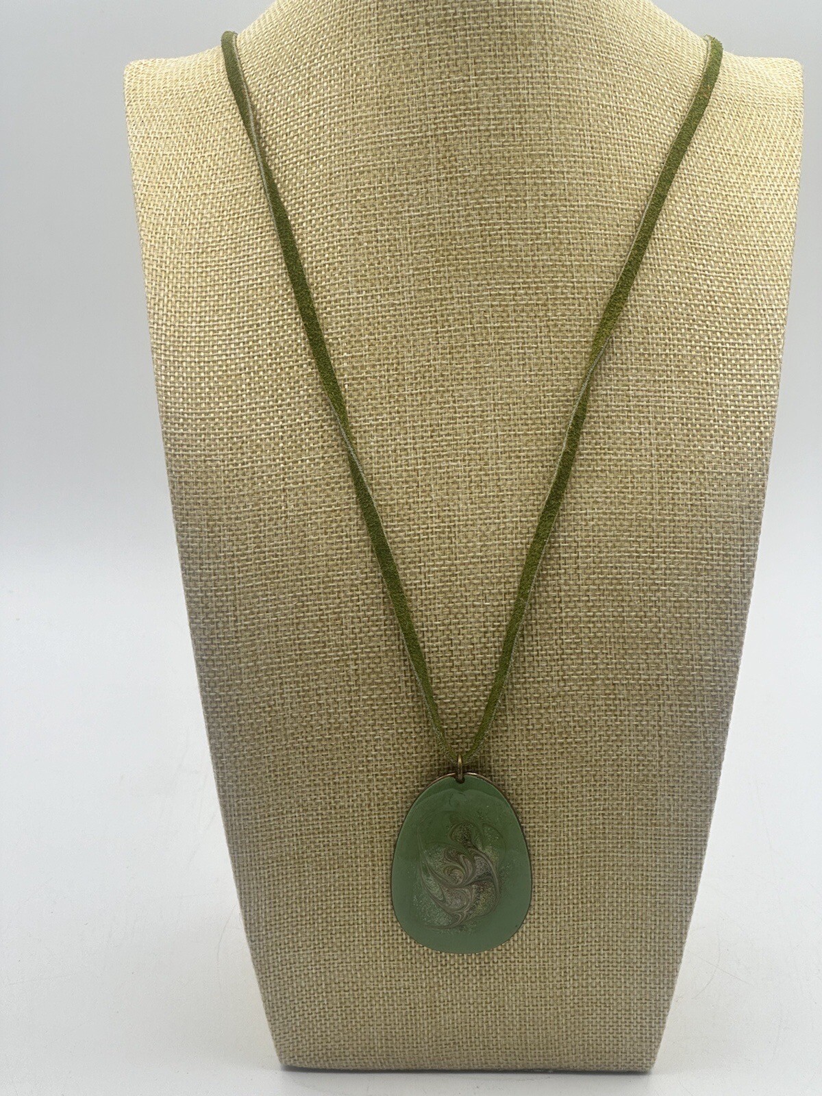 Wearable Art Necklace Enamel On Metal Pendant Dual Sided On Green Leather
