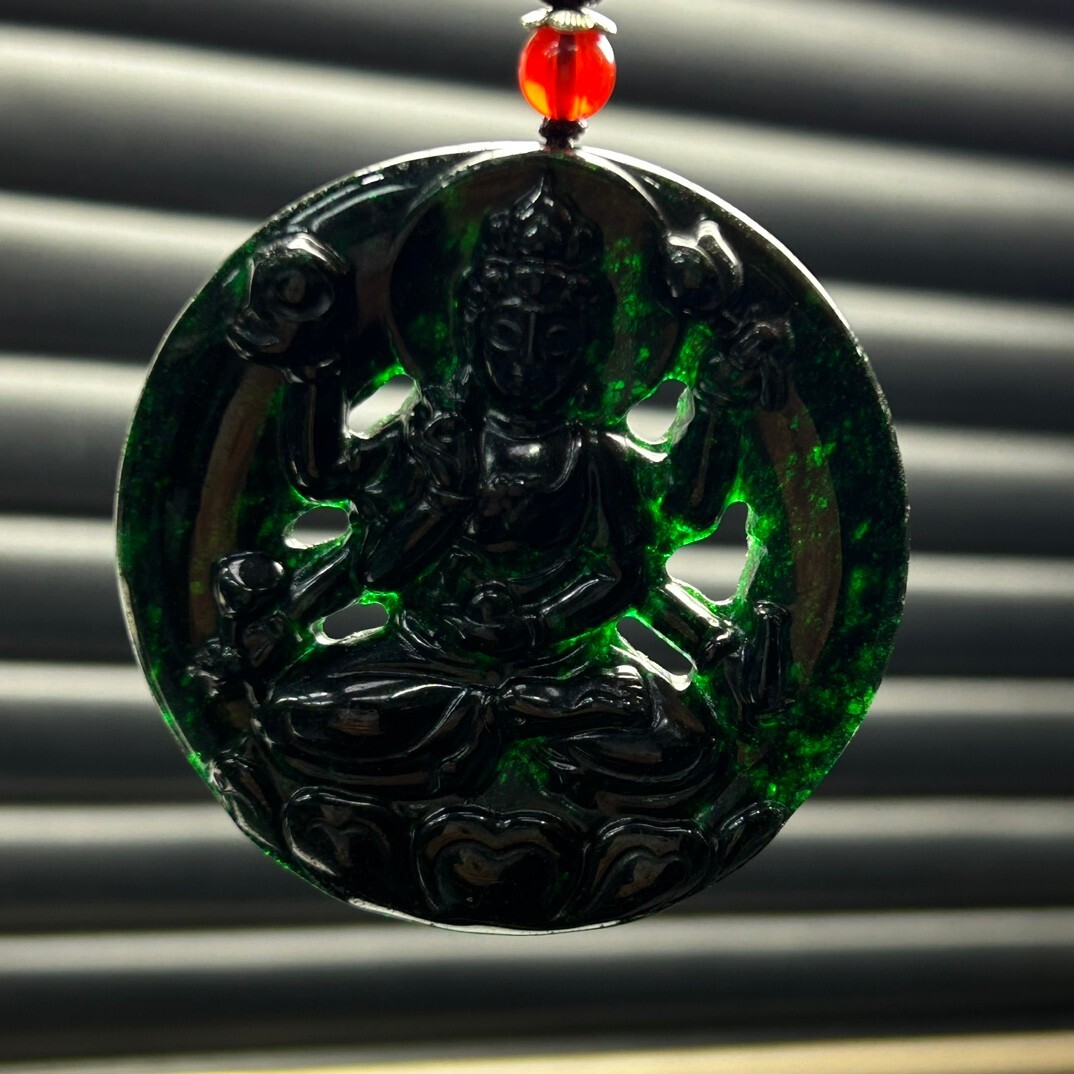 Certified Natural atrovirens jade Jadeite Carved Guanyin Pendant&Necklaces 千手观音