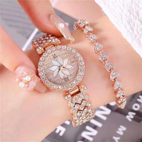 Women Luxury Watches Steel Band with Diamonds Bracelets Watches Set Rose gold