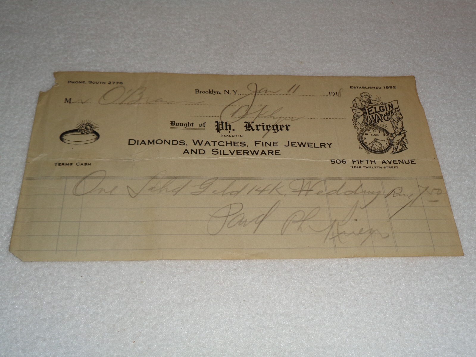 1918 Solid Gold 14K Wedding Ring Krieger Brooklyn, New York Rare Antique Receipt