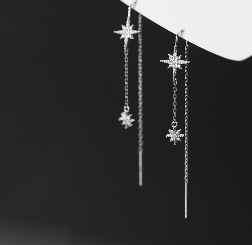 Women Solid Sterling Silver Hanging Bar Snowflake Threader CZ Earrings Gift PE48