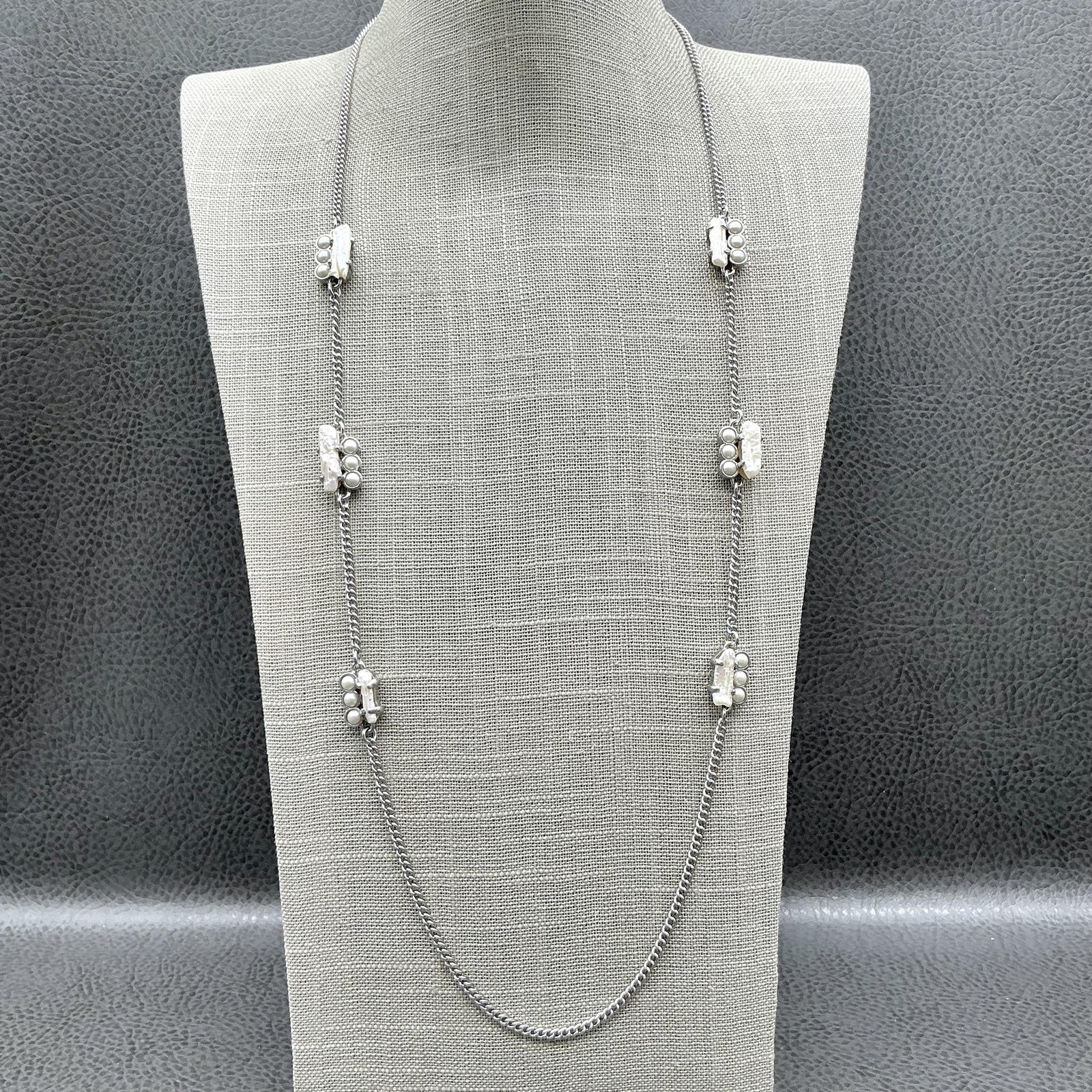 Ann Taylor Necklace Freshwater Pearl Silver Tone Long Station Chain 28″ Womens