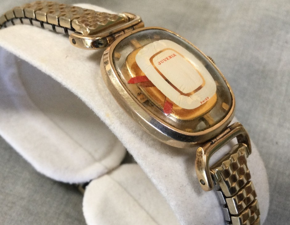 Vintage Juvenia Swiss Skeleton Mystery Watch 17 Jewels Speidel Band 10 K GF Caps