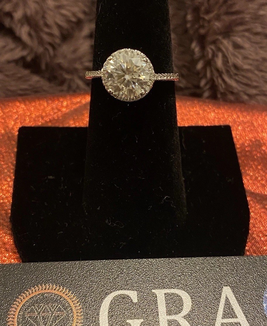 Round-Cut White/Colorless Halo Engagement Ring, Silver Tone, GRA Certified