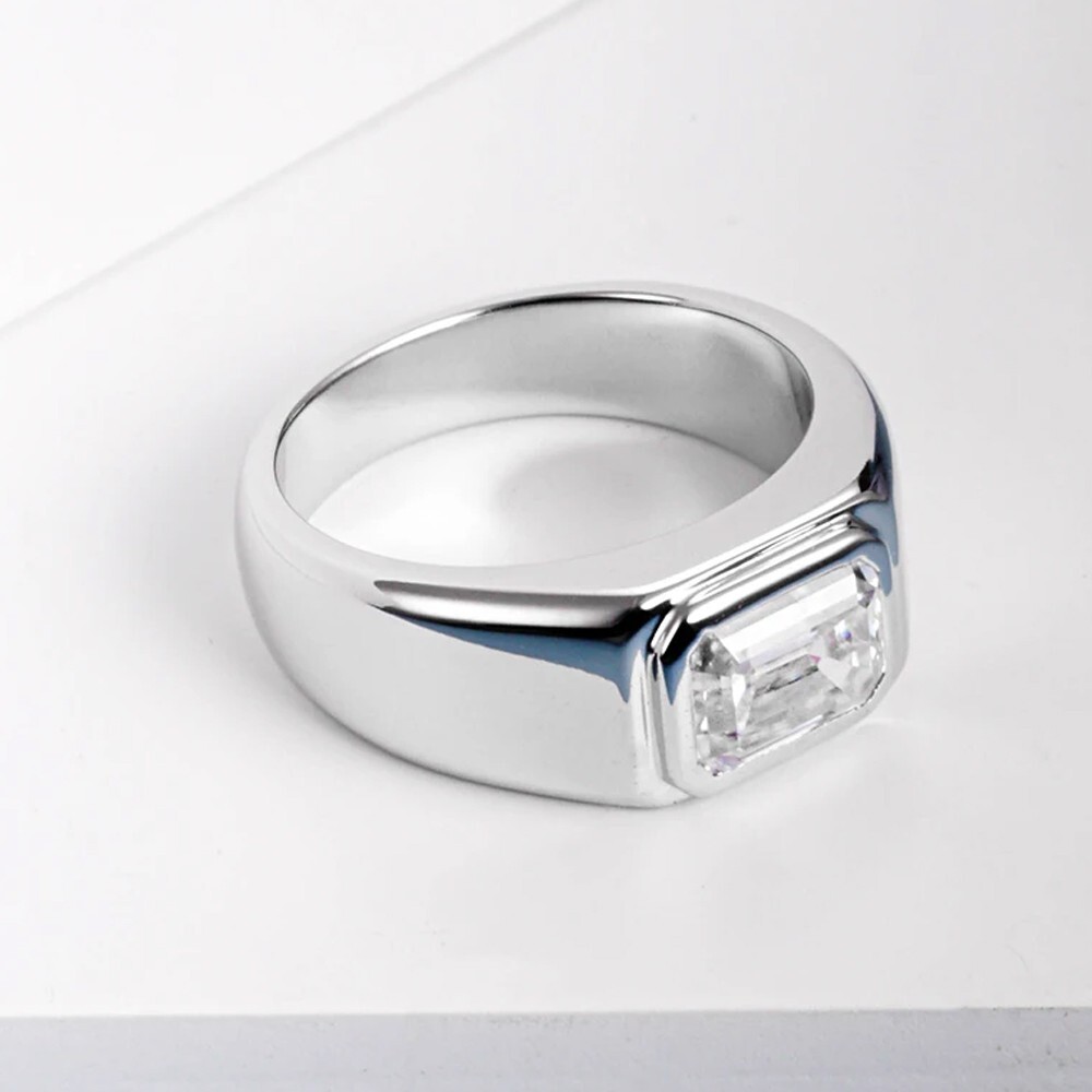 2.19 Ct Emerald Cut Moissanite Bezel Engagement Ring 14K White Gold Plated