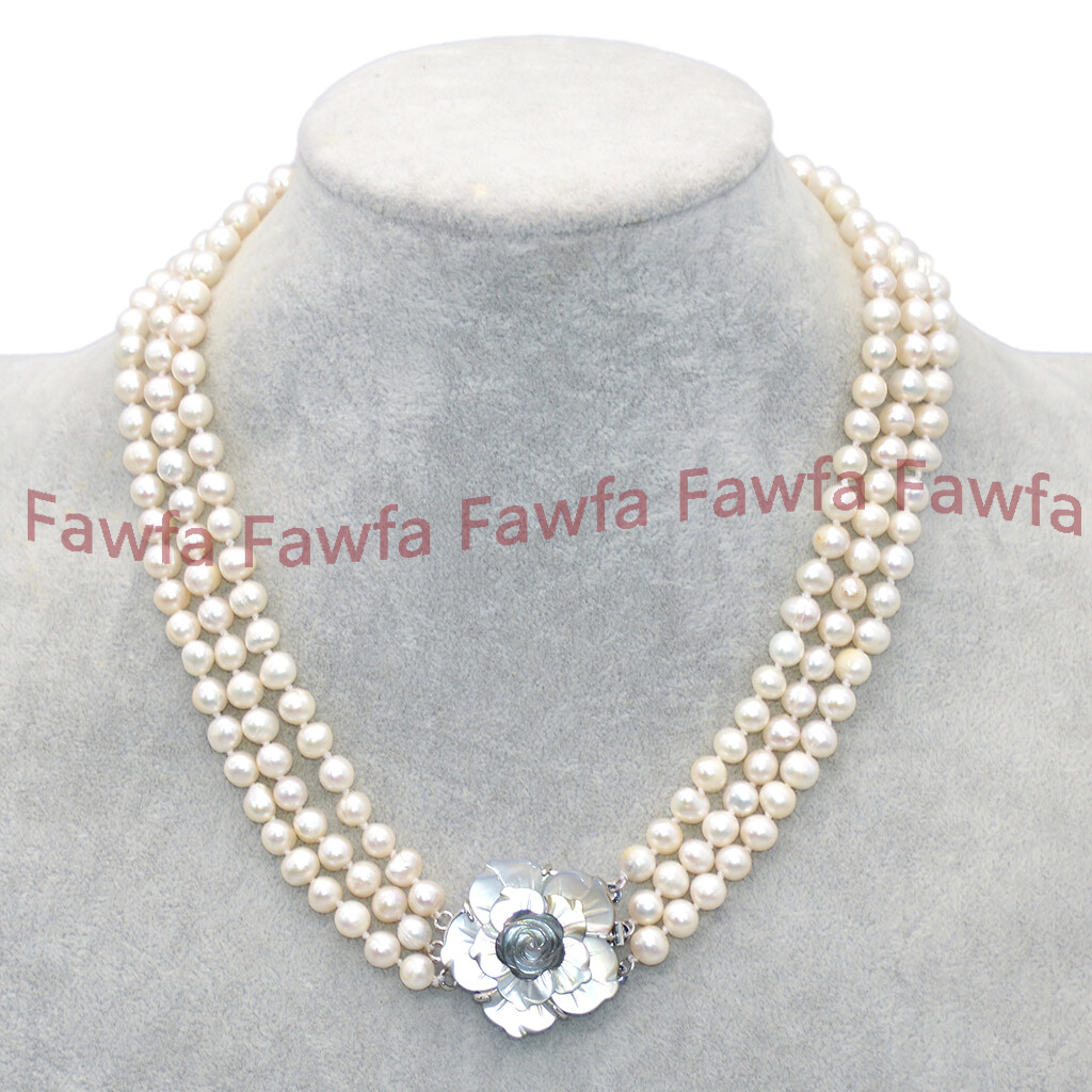 3Rows 6-7mm Natural White Akoya Freshwater Cultured Pearl Beads Necklace 17-19”