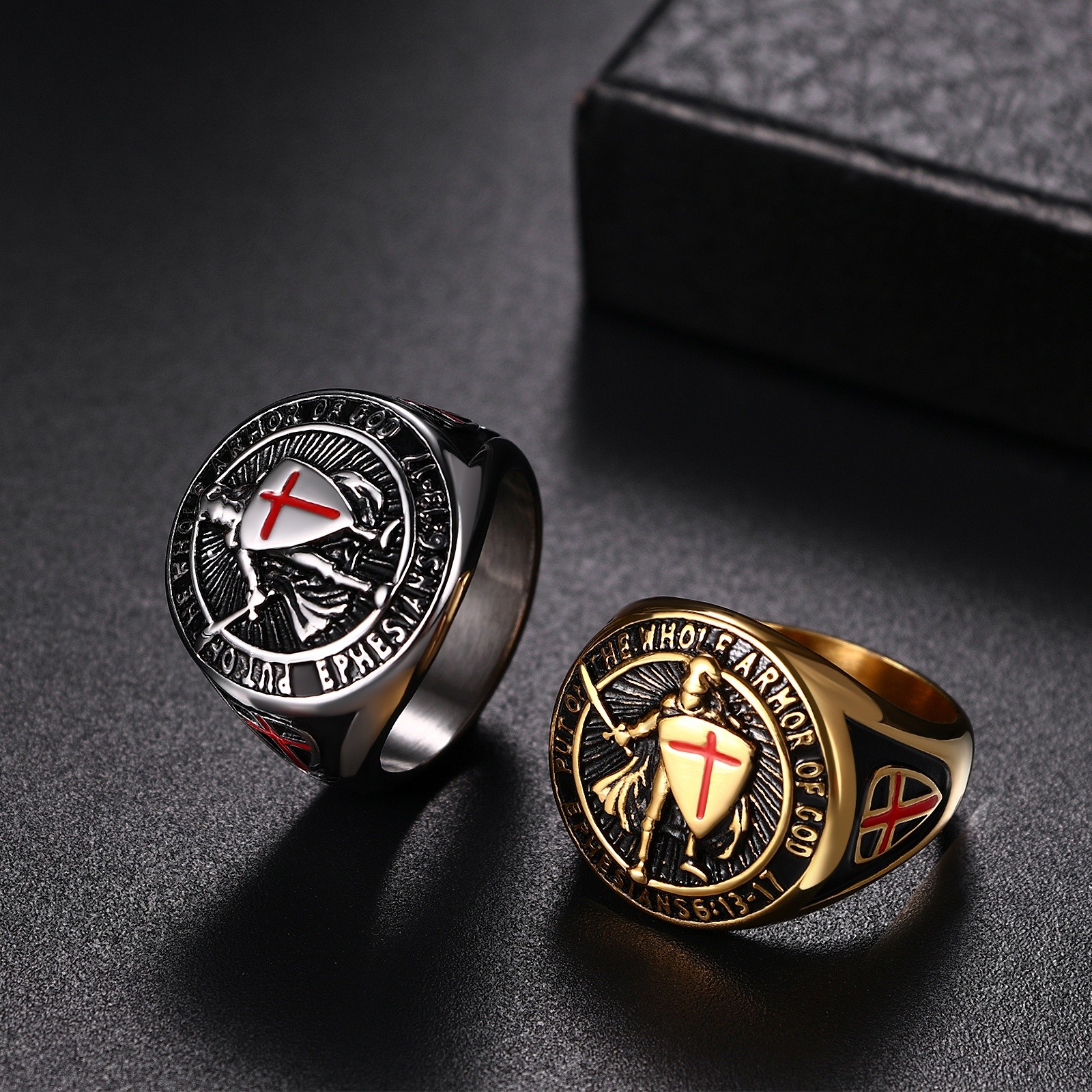 Men Archangel St Michael Shield Guardian Stainless Steel Signet Ring #8-13