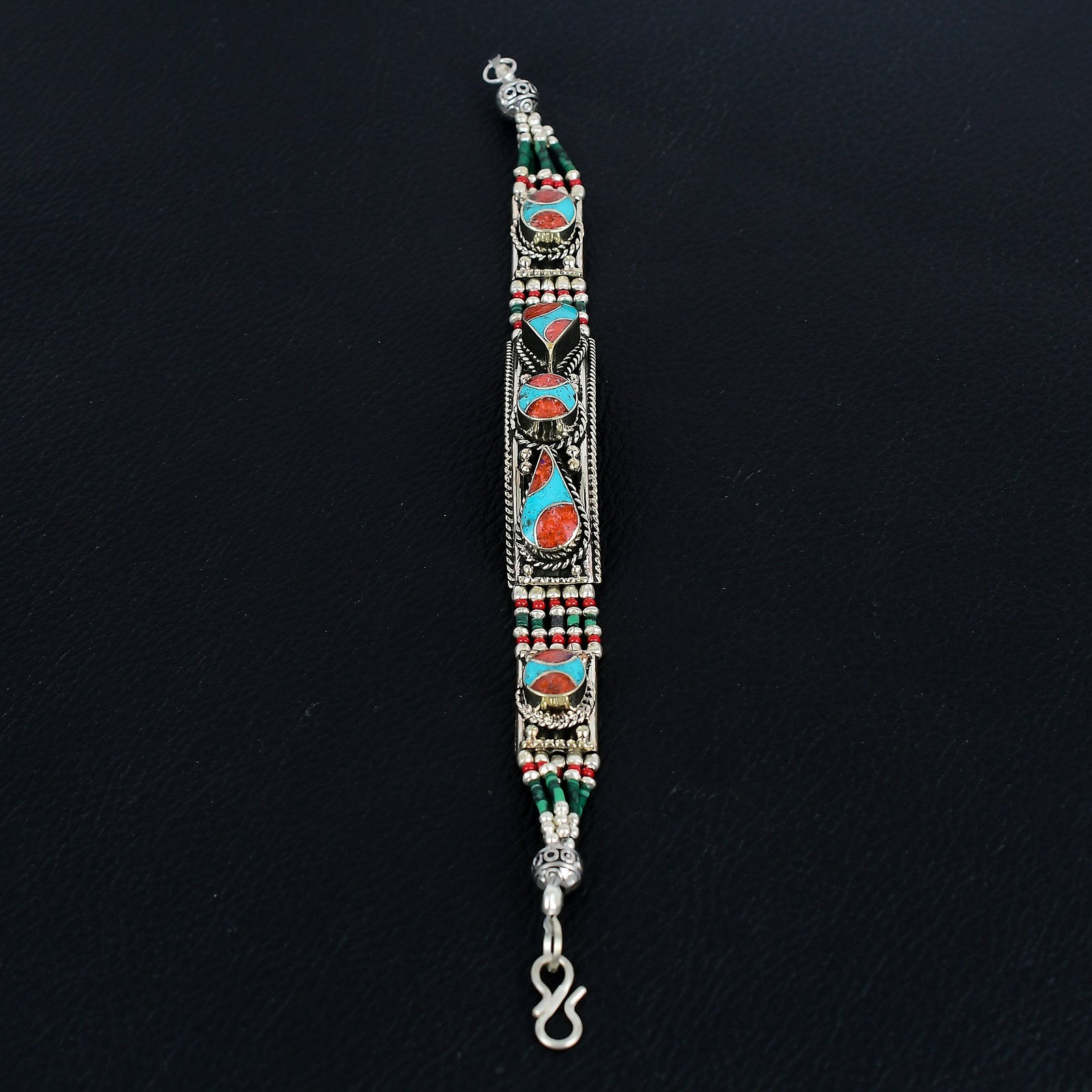 Turquoise Red Coral Boho 925 Sterling Silver Tibetan Nepali Bracelet 7″ PG 2080