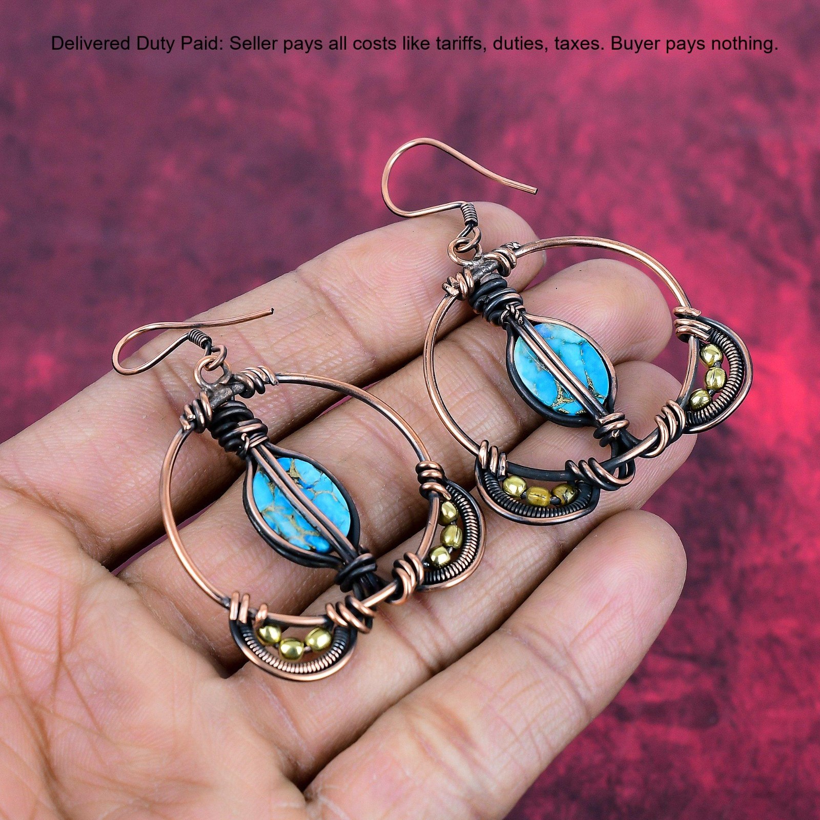 Copper Copper Blue Turquoise Stone Wife Wire Wrapped Drop Hook Earrings Jewelry