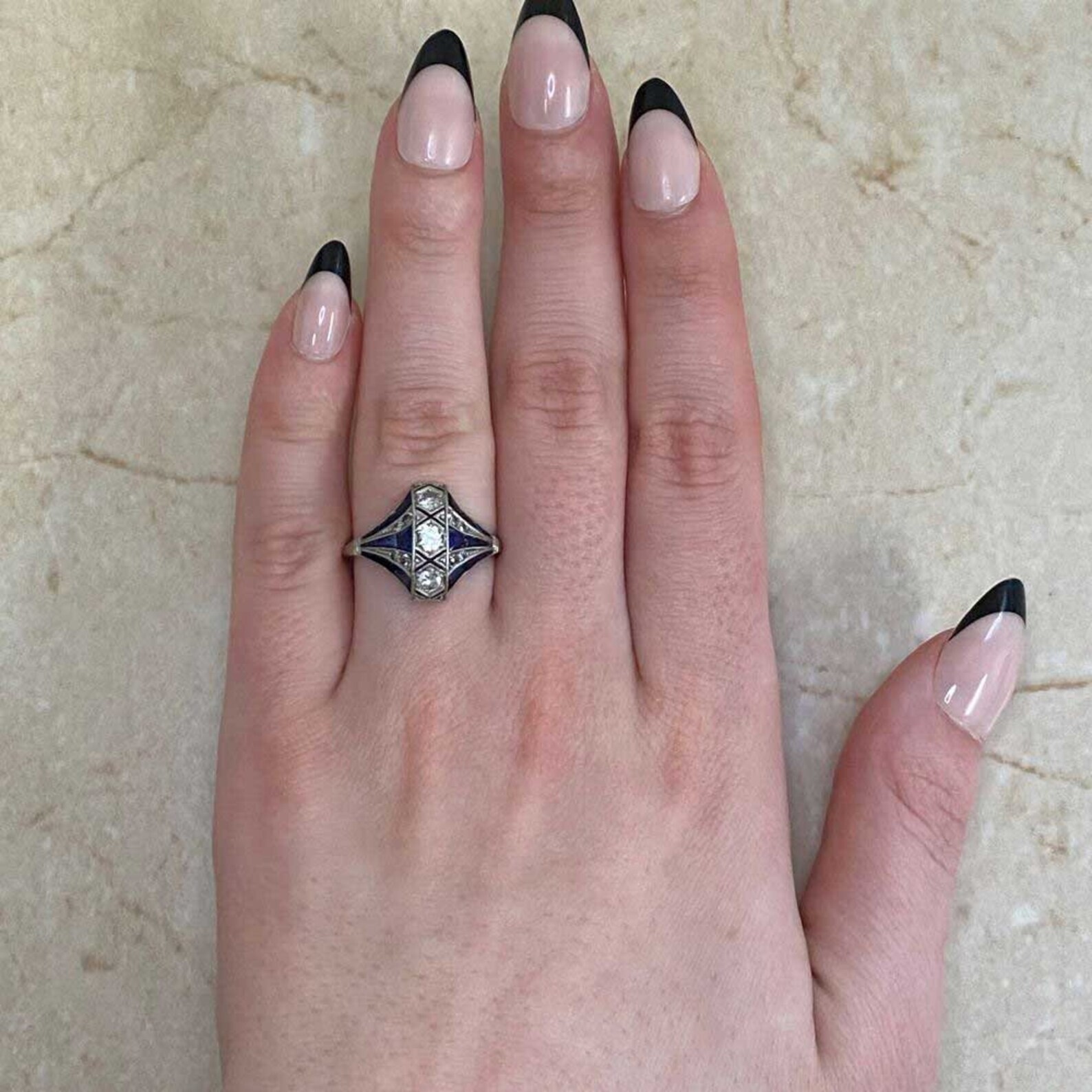 14K White Gold FN Art Deco Style Lab Created Diamond & Sapphire Engagement Ring