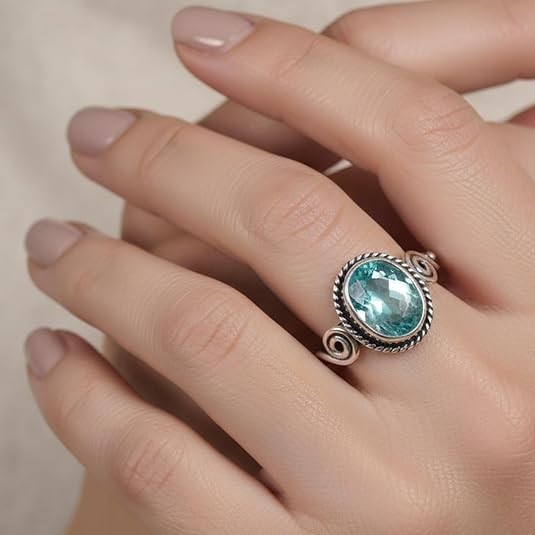 100% Natural Sky Apatite Oval Cut Ring in 925 Oxidized Sterling Silver