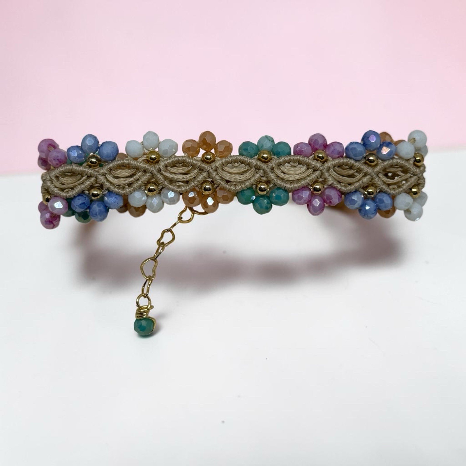 Handcrafted Macrame Bracelet Cream Crystal Flowers Gold Filled Adjustable 16-22
