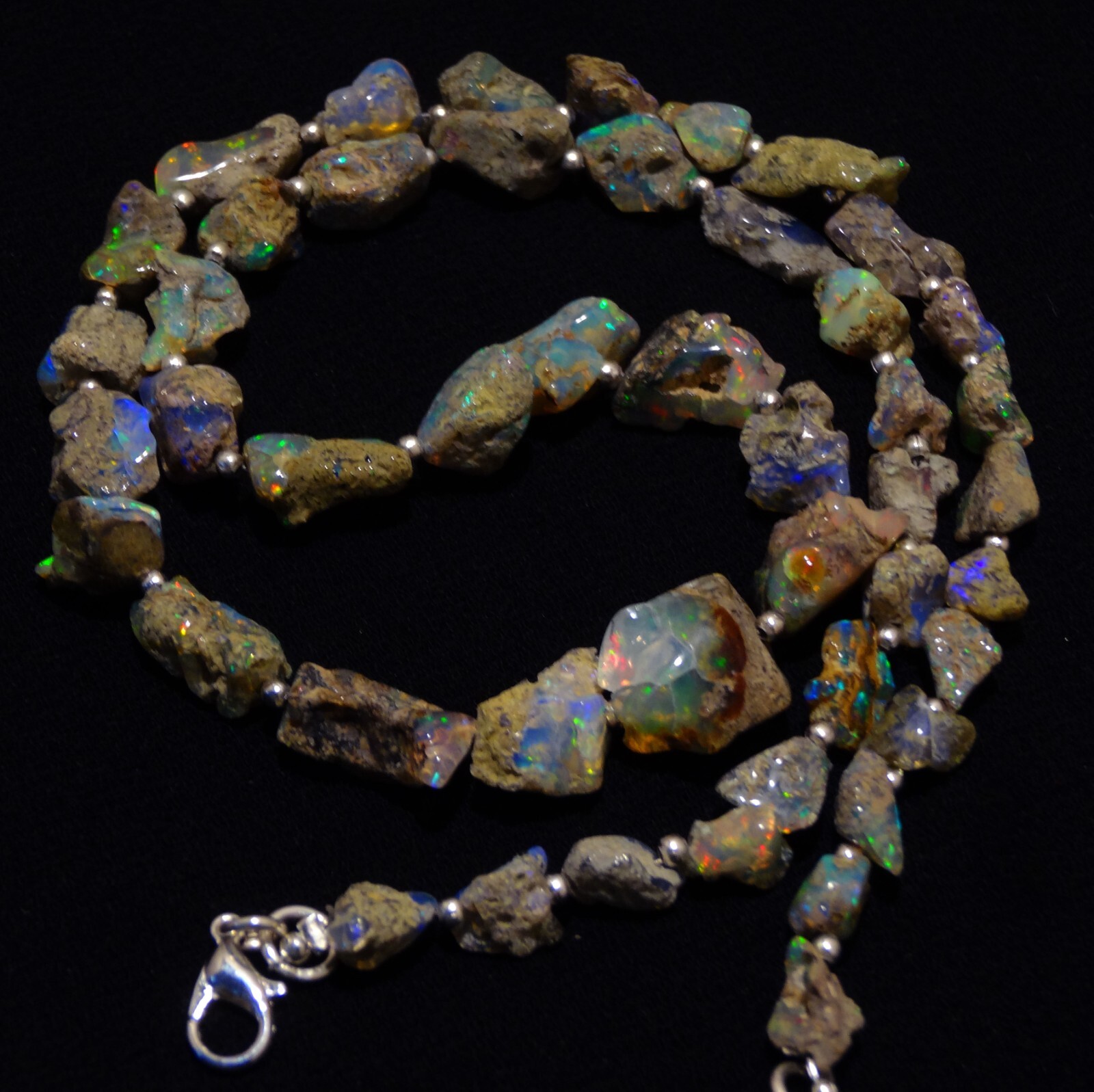 Rainbow Fire Black Opal Rough 9 to 15 mm Freeform Nugget Beads Necklace 19″