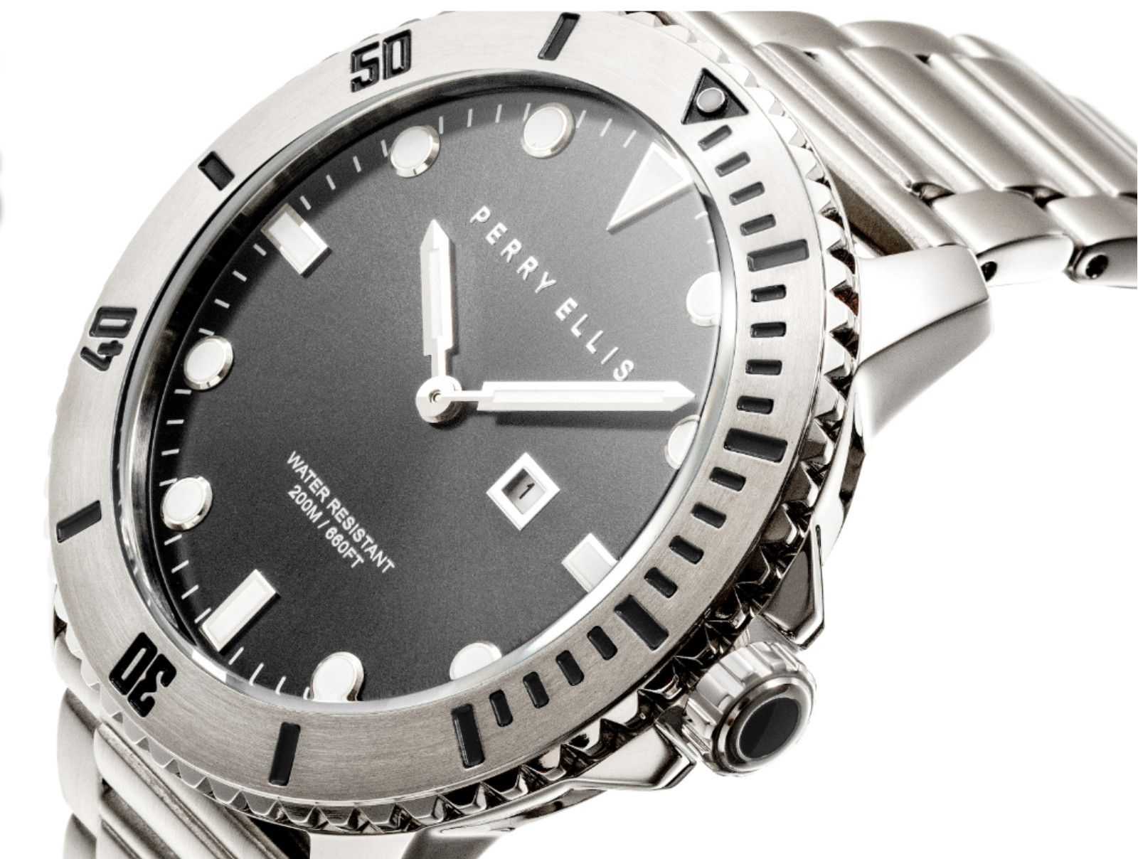 Perry Ellis Watch 02001-02 Deep Diver Quartz 46 mm Case Men’s Silver 20ATM 200m.