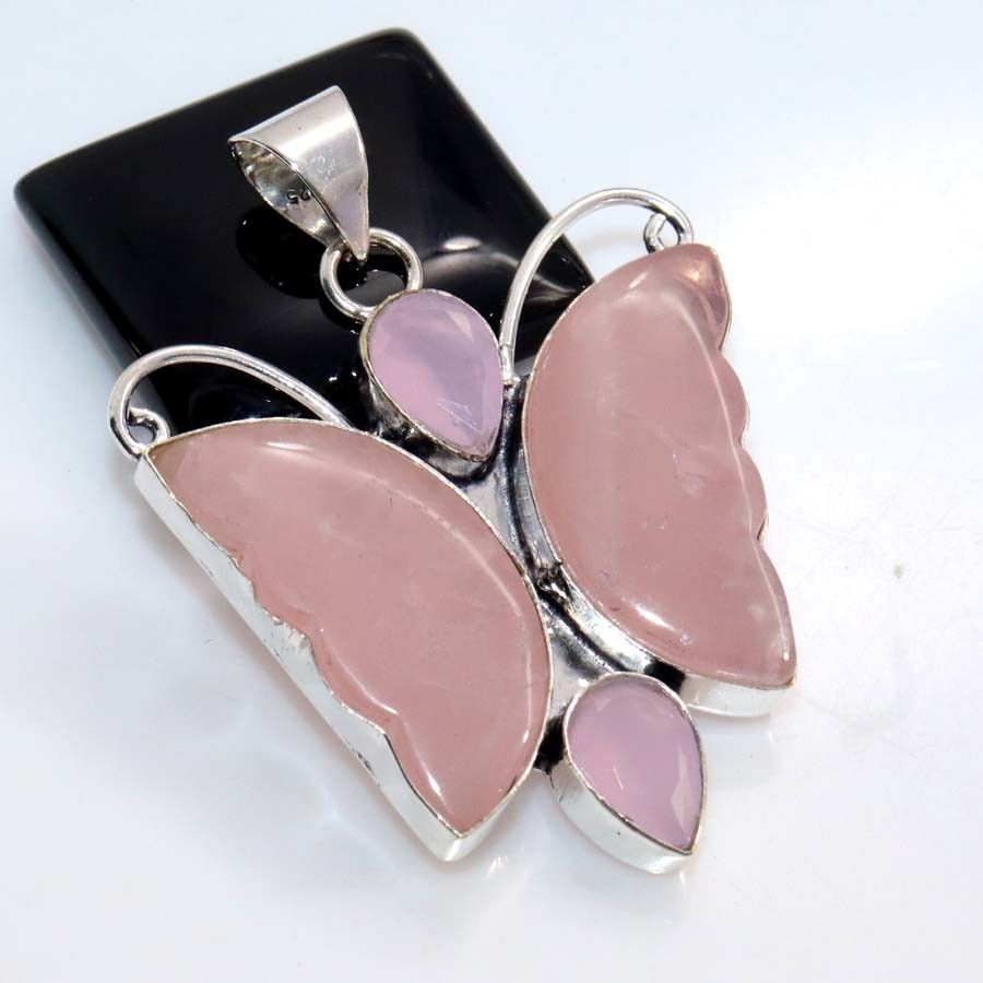 925 Silver Plated Carved Butterfly Rose Quartz Pink Chalcedony Pendant 2.2″ GW