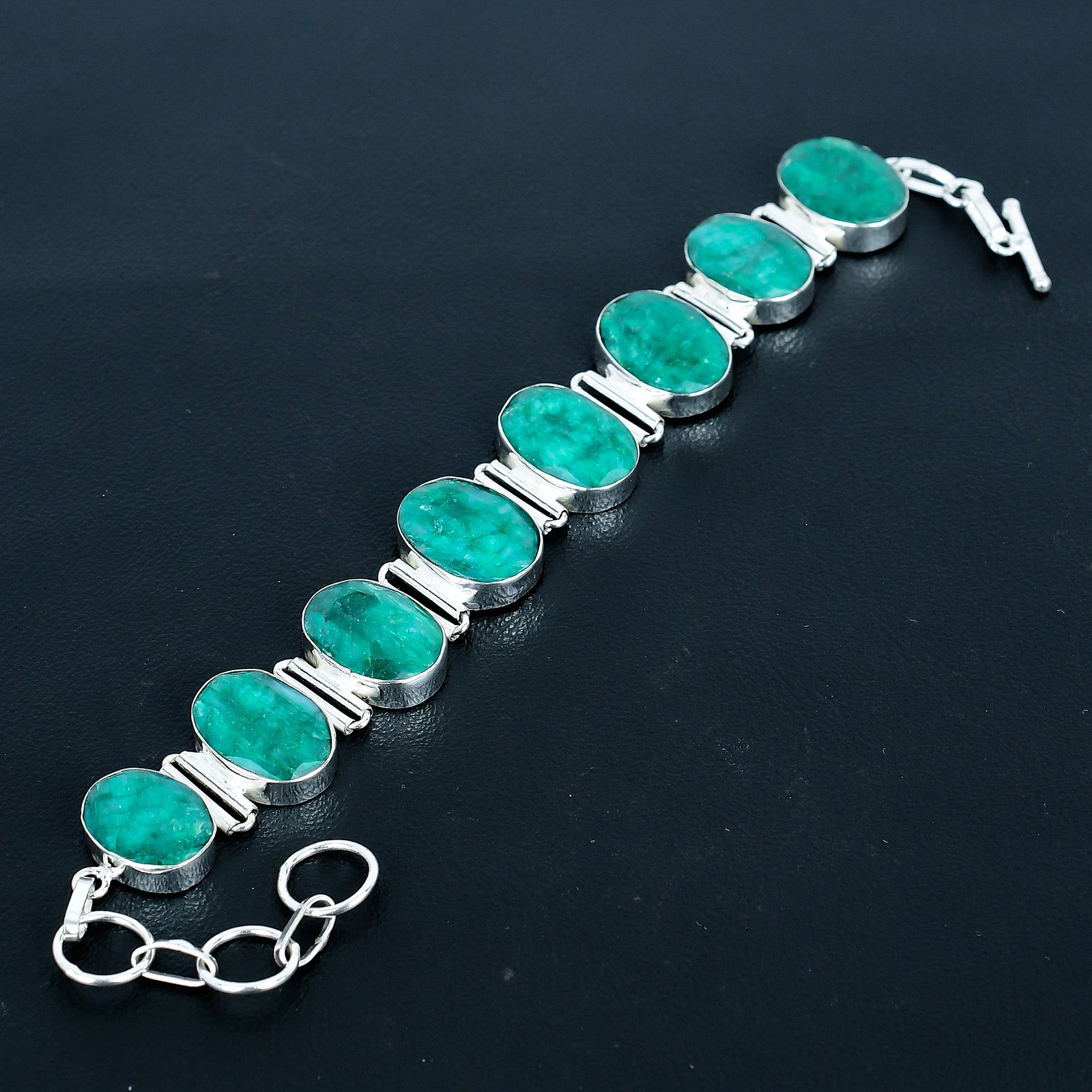 Zambian Emrald Oval Gemstone 925 Sterling Silver Jewelry Bracelet 8″ VJ 1176
