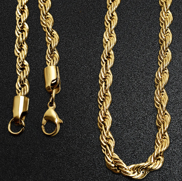 Stainless Steel 18k Gold PVD Coated Rope Chain Necklace 20″ Men Women 2/3/4mm