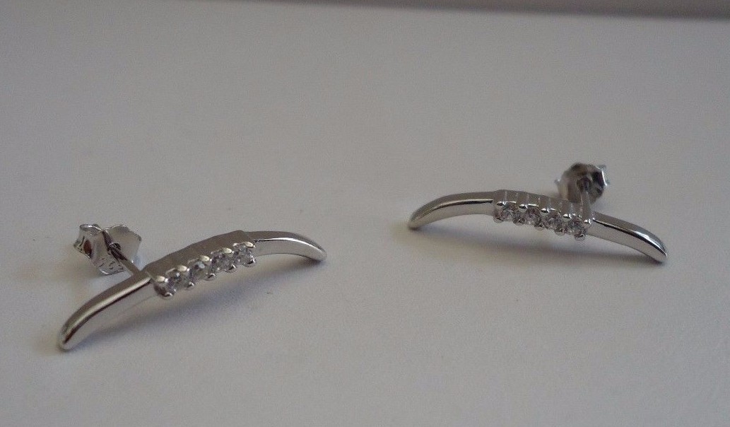 925 STERLING SILVER MODERN STUD EARRINGS W/ .25 CT ACCENTS / 21MM BY 3MM