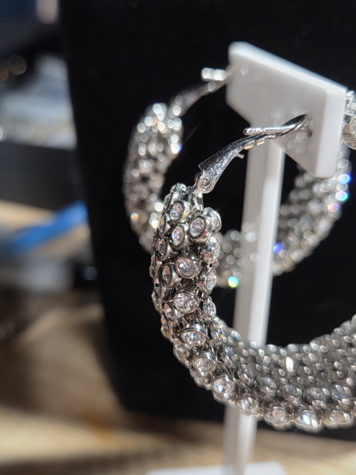 Silver Tone Clear Rhinestone Wide Hoop Earrings 2″ Sparkly Latch Back