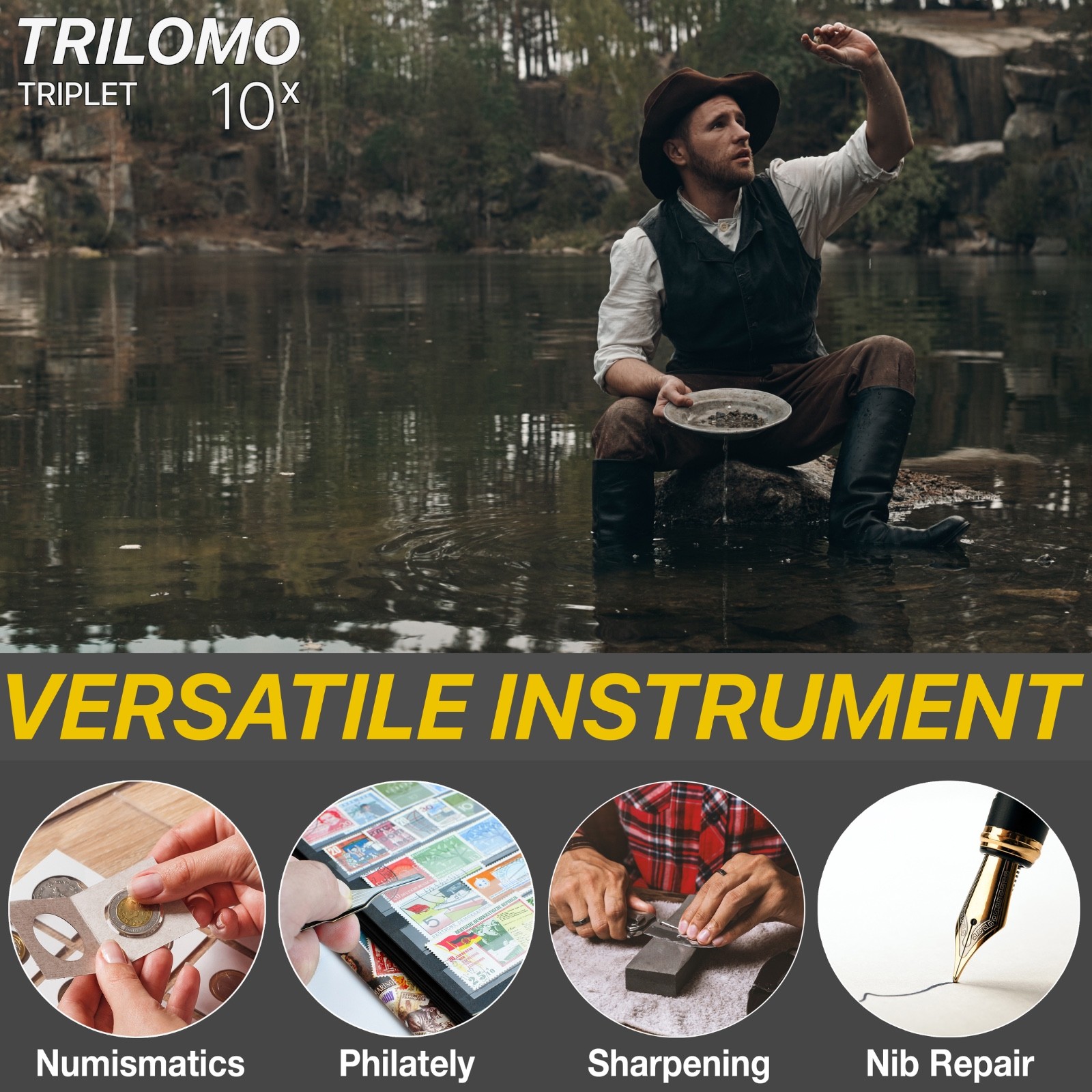TRILOMO (ex BelOMO) 10x Triplet Loupe Magnifier. Black Egg. 21mm (.85″)