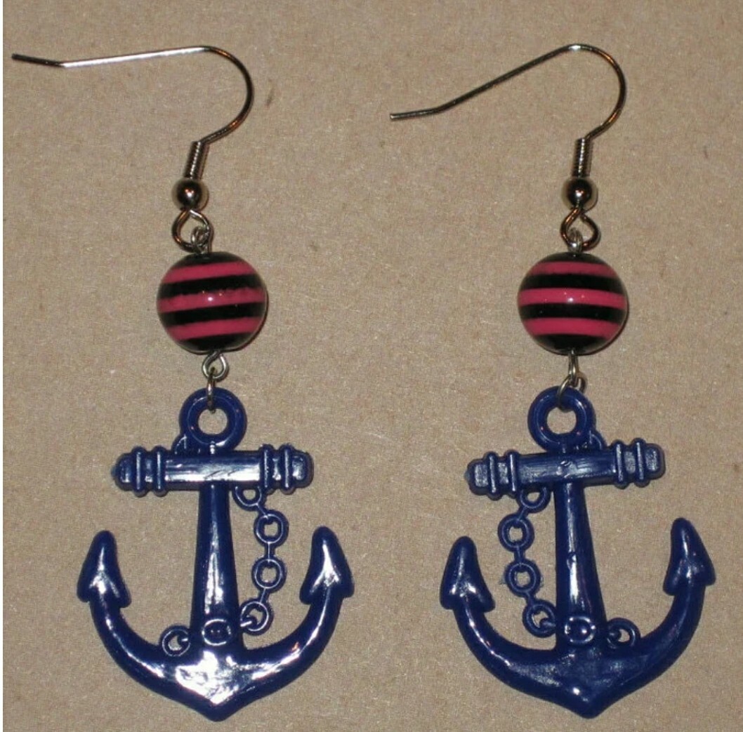 BLUE Anchor Sailor Striped Nautical Rockabilly Retro Earrings Mod Resort Yacht