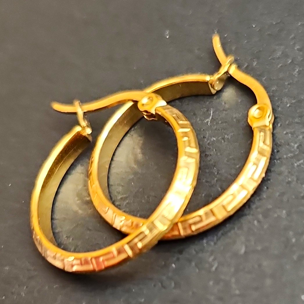 Gold-Tone Round Hoop Leverback Earrings Metal No Stone Greek Key Pattern