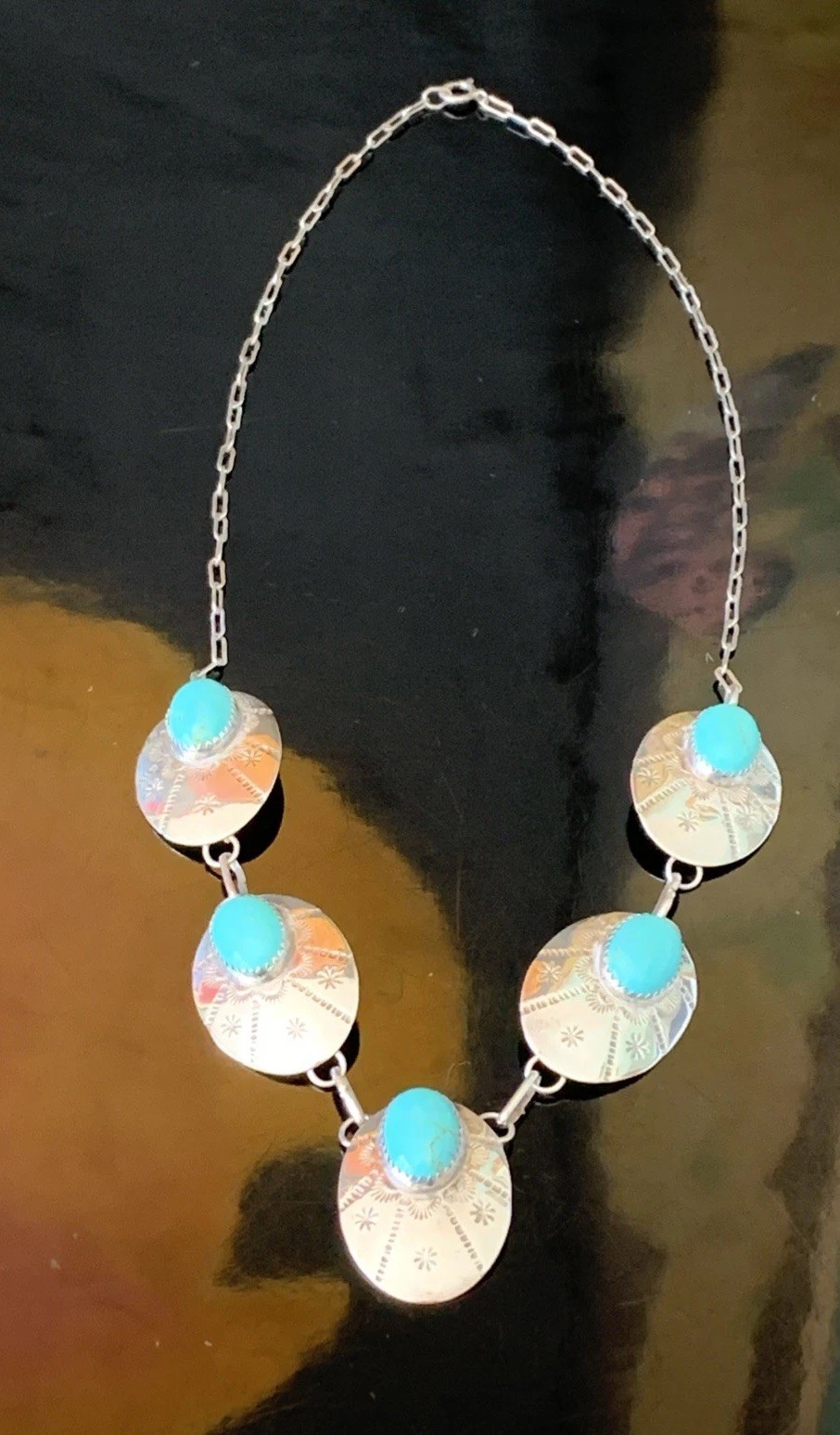 Southwestern Turquoise Stamp Work Sterling Silver Lariat Concho Necklace Vintage