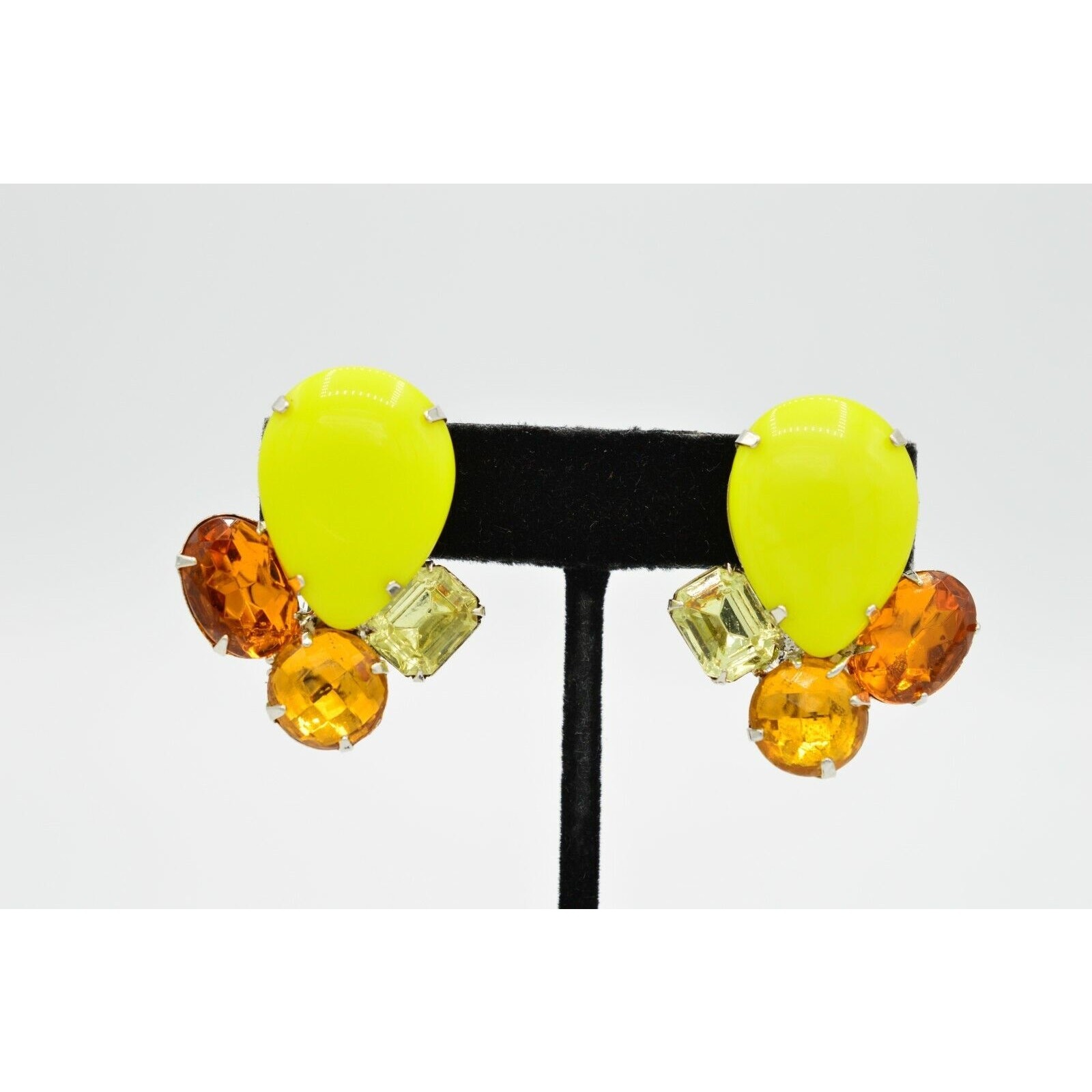 Vintage Crystal Cabochon Clip On Earrings Bezel Prong Neon Yellow Orange 80s W5