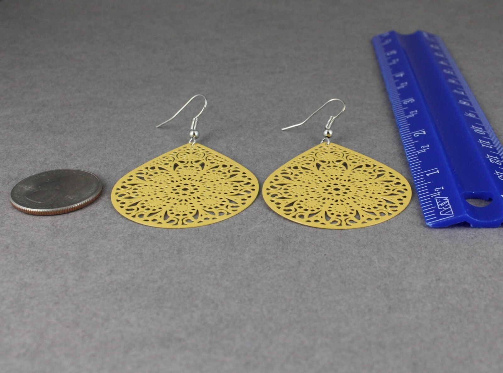 mustard yellow earrings teardrop dangle VERY lightweight oval filigree 2.5″ long