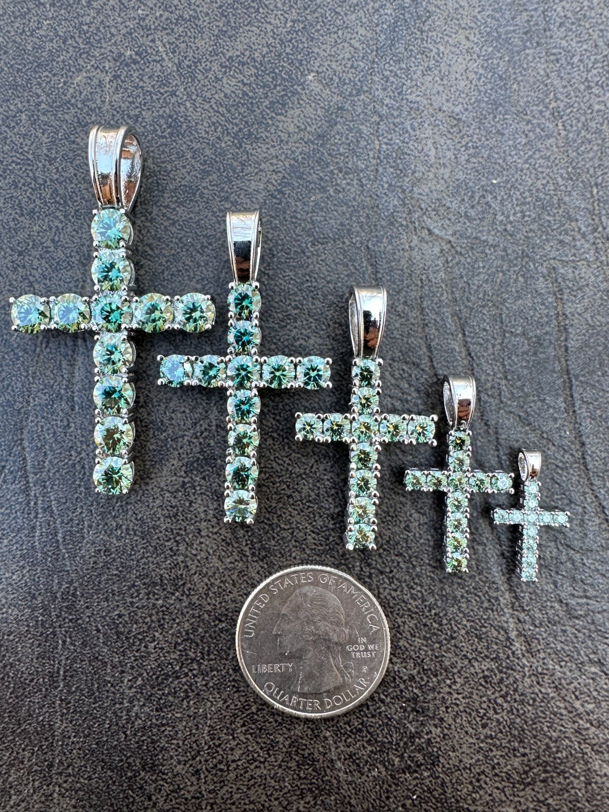 Green Blue MOISSANITE Real 925 Silver Tennis Cross Iced Pendant Necklace Hip Hop