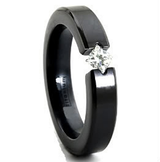 TITANIUM Black Plated TENSION RING with 4mm SQUARE CZ, size 10 – in Gift Box