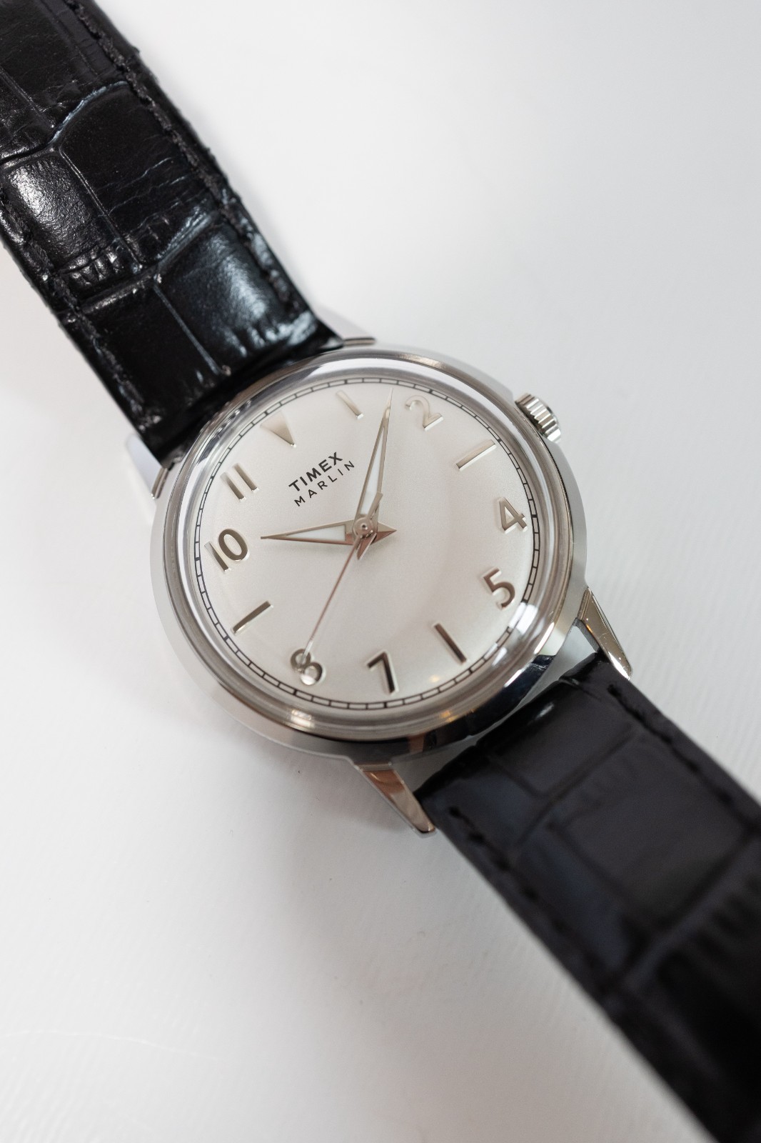 Timex Marlin Quartz 34mm Black Leather Strap Silver Dial Watch TW2Y37600VQ