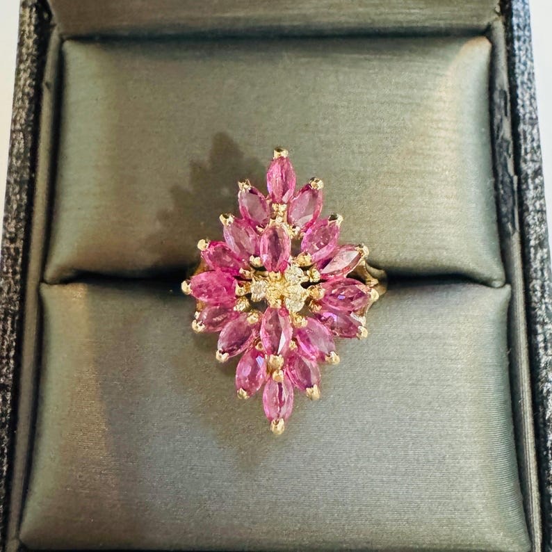 1960s 2.4ctw Natural Marquise Ruby & Diamond Solid 14k Yellow Gold Ring Sz 7