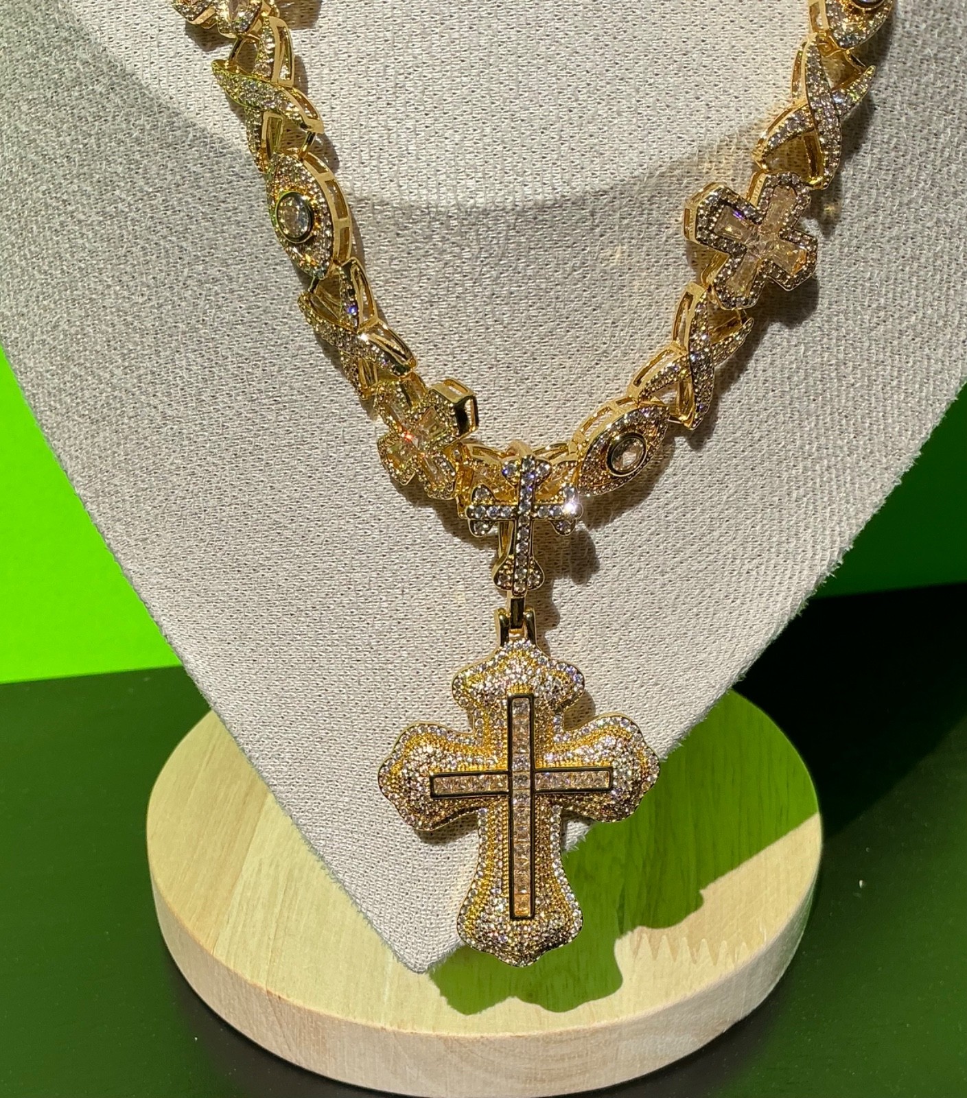 New Men Women Gold Tone Cross CZ Chain Necklace Hip Hop Rap Bling Cubic Zircon