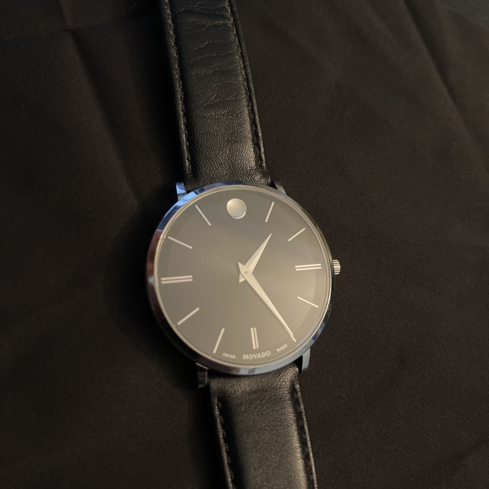 Movado Ultra Slim Black Dial Black Leather Strap Watch For Men – 0607086