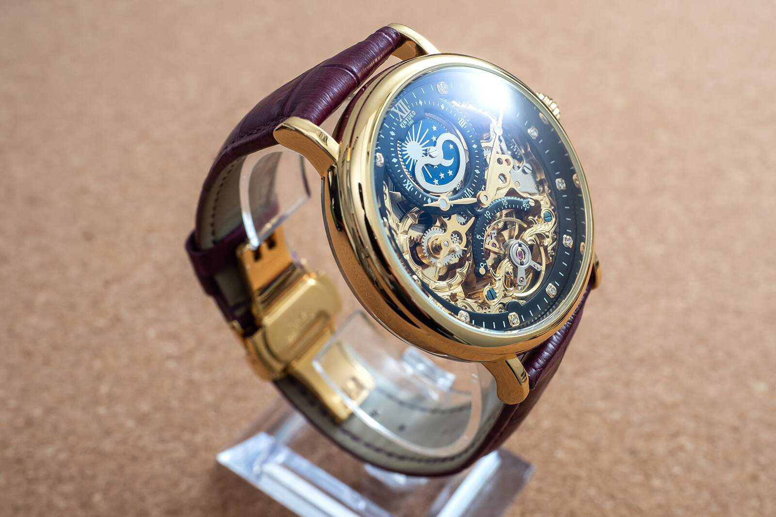 Mens Gold Dual Time Flywheel Automatic Mechanical Watch Black Purple Leather